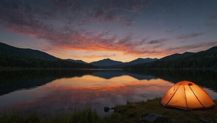 view of a lake in the middle of the forest in the afternoon with a beautiful sunset background made by AI generative