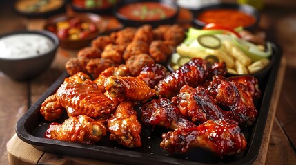 Wall Mural - Variety of delicious chicken wings with different sauce