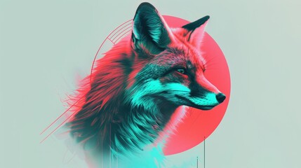 Wall Mural - Vibrant digital illustration of a fox with a mix of neon colors and a geometric background, showcasing artistic creativity and wildlife beauty.