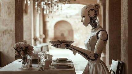 Advanced Android Waiter Serving a Meal in a Futuristic Dining Environment