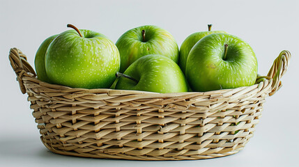 A basket filled with green apples, placed on a clean white background