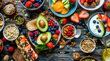 Wall Mural - healthy food table top view featuring avocado toast, fresh fruits like strawberries and blueberries, bowls of yogurt with granola and nuts, directly above view, all arranged on a rustic wooden table.