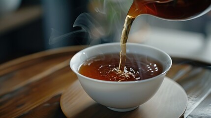 Pouring hot black tea in a white tea cup