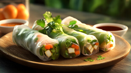 Wall Mural - Fresh Spring Rolls, Stuffed with tofu, veggies, fresh herbs and various sauces. Asian or vegetarian food. Generative AI content.