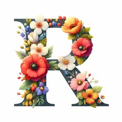 Alphabet letter R with flowers, leaves and berries on white background. Illustration