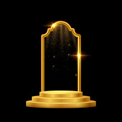 Wall Mural - gold 3d podium with frame on black background. abstract empty golden award platform with glowing arc