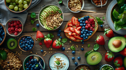 Wall Mural - healthy food table top view featuring avocado toast, fresh fruits like strawberries and blueberries, bowls of yogurt with granola and nuts, directly above view, all arranged on a rustic wooden table.