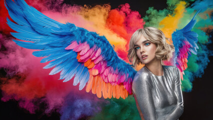 Poster - A woman with angel wings posing in front of a colorful cloud, AI