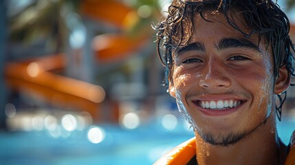 Smiling young man with wet hair at water park - generative ai