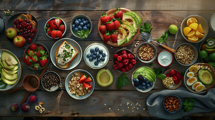 Wall Mural - healthy food table top view featuring avocado toast, fresh fruits like strawberries and blueberries, bowls of yogurt with granola and nuts, directly above view, all arranged on a rustic wooden table.