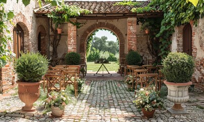 Poster - Elegant spring wedding ceremony surrounded by lush green plants and floral decor