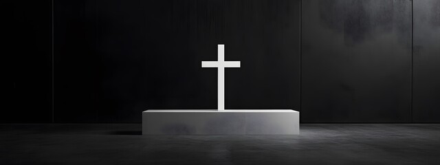 Wall Mural - Minimalist plain black background with a white cross, featuring a solid gray backdrop for product photography with soft lighting and no shadows