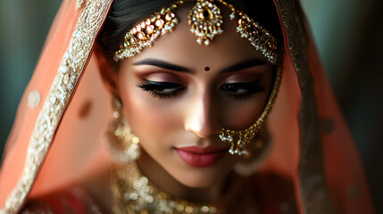 Wall Mural - Beautiful Indian bride portrait with traditional Hindu jewelry on her wedding day.