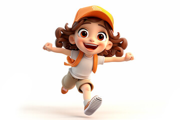 Happy smile laughing jumping playing running cartoon character girl kid child teen person in 3d style design on white background. Human people feelings expression concept