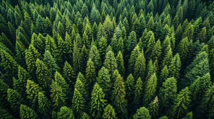 Wall Mural - aerial view of lush evergreen forest in early morning light showcasing vibrant green treetops