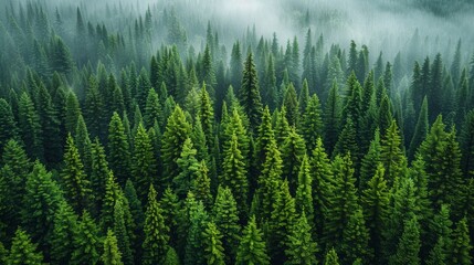 Wall Mural - lush green coniferous forest under a misty sky at dawn in a mountainous region