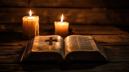 An open Bible with a cross in the center, illuminated by candlelight on a wooden table, symbolizing Christian faith and devotion.