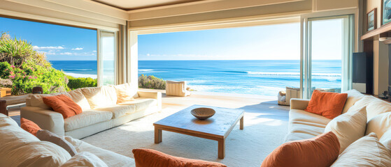 Canvas Print - A large living room with a view of the ocean