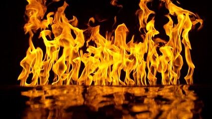 Wall Mural - Fire Isolated on Black Background with Water Reflection.