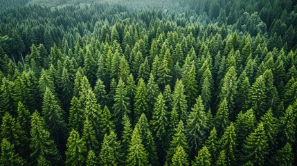 Wall Mural - aerial view of dense green pine forest in early morning light