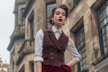 Wall Mural - Elegant claret skirt paired with bold cherry waistcoat exudes style and confidence