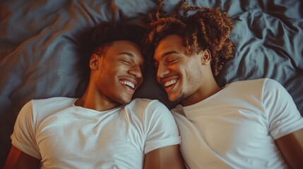 Wall Mural - Two men are laying on a bed and smiling at the camera