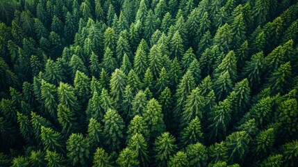 Wall Mural - aerial view of dense coniferous forest showcasing vibrant green trees in bright daylight