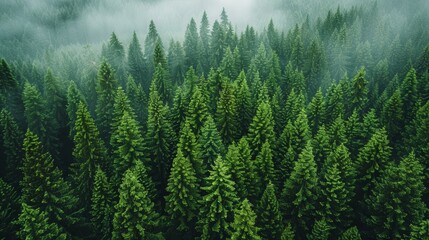 Wall Mural - dense evergreen forest shrouded in mist in a mountainous region during early morning light
