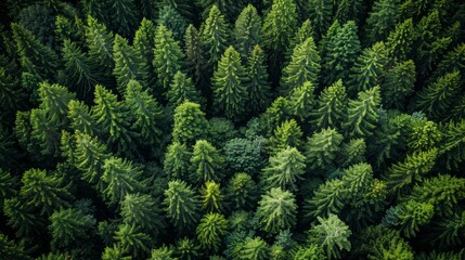 Wall Mural - aerial view of lush green coniferous forest in early morning light