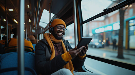 Handsome young African American man checking news feed on social networks using smartphone, taking public transport on sunny day