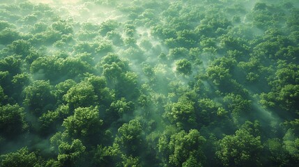 Wall Mural - misty morning sunlight filters through a dense forest canopy in a lush green landscape