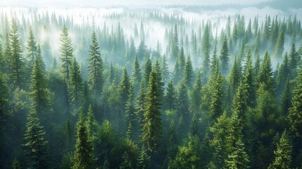 Wall Mural - lush evergreen forest shrouded in morning mist at dawn, showcasing towering trees and vibrant greene