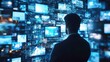 © skufel - A man in a suit stands in front of a wall of screens, each displaying a different image or video. The screens are arranged in a grid pattern and are illuminated by a blue light.
