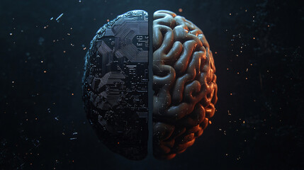 Wall Mural - AI human brain, microchip in a brain, brain and computer