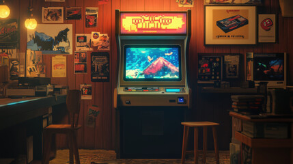 Vintage arcade cabinet with 8-bit art