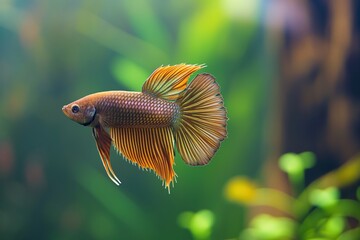 Wall Mural - A vibrant orange and gold betta fish swims through clear water, its fins spread wide.