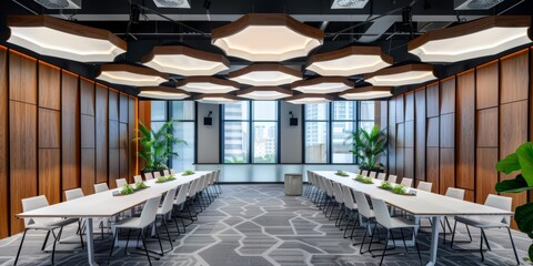 This modern conference room features a stylish design with an abundance of natural light