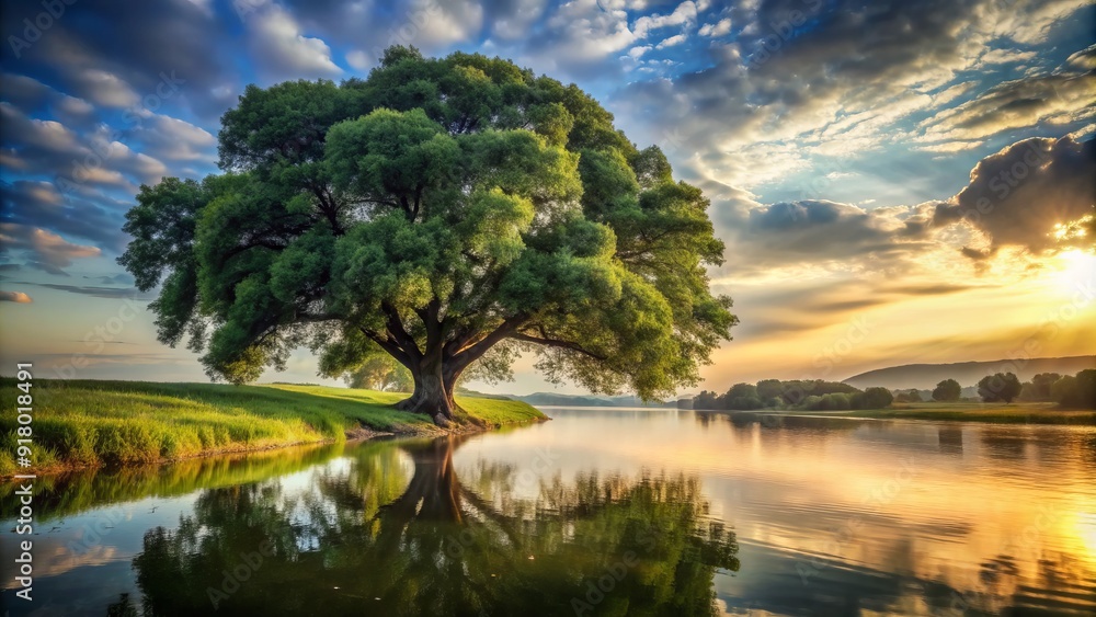Serene landscape featuring a majestic tree standing tall on a lush ...