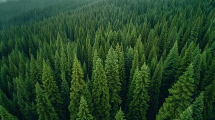 Wall Mural - expansive evergreen forest in misty mountains during early morning light