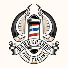 Canvas Print - Barbershop logo. barber pole, razor with decorative frame, for barber shop, hair cutting salon. Vector illustration