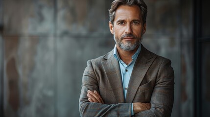 Wall Mural - Confident man in a suit poses with arms crossed against a textured background during daylight