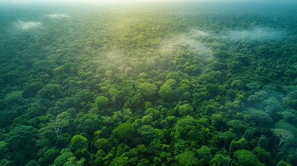 Wall Mural - lush green rainforest canopy under a soft morning light with distant fog in the atmosphere