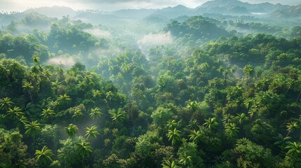 Wall Mural - lush tropical rainforest landscape with misty mountains in the background during early morning light