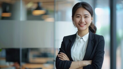 Confident smiling young professional Asian business woman corporate leader, happy Japanese female employee, company sales marketing manager, standing arms crossed in office, portrait. 