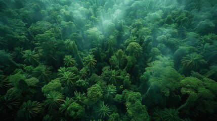 Wall Mural - aerial view of a lush tropical rainforest with dense vegetation and mist in the early morning