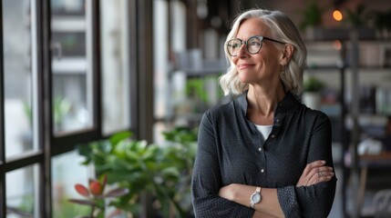 Happy mature professional business woman standing in office looking away. Smiling middle aged businesswoman, senior female corporate leader, confident lady executive manager arms crossed looking aside