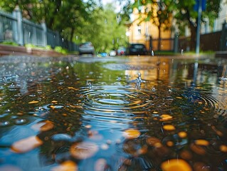 Canvas Print - Captivating Close up of Raindrops on a Reflective Glass Table in a Rainy Urban Setting