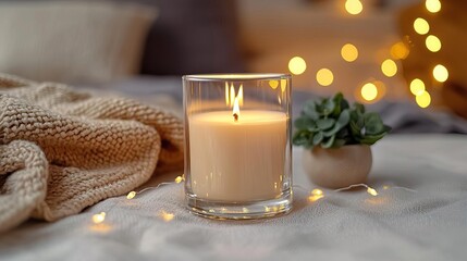 Wall Mural - Blank clear straight candle glass surrounded by a stack of books, a small vase with flowers, and warm ambient lighting, modern warm bedroom mockup, chic and cozy