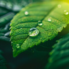 Canvas Print - Close up of a Solitary Raindrop on a Fresh Green Leaf Capturing Intricate Details