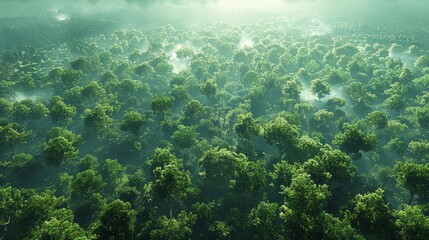 Wall Mural - aerial view of a dense green forest shrouded in morning mist at sunrise